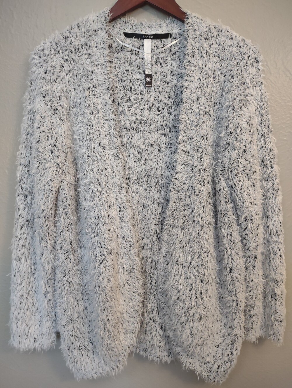 Kensie Open Front Fuzzy Eyelash Knit Cardigan Sweater Grey Black Women's Medium - Picture 2 of 14
